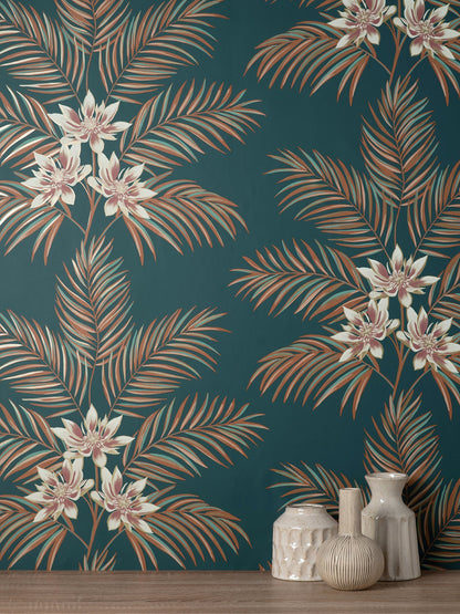 Fine Decor Bali Teal Palm Wallpaper, 20.5-in by 33-ft