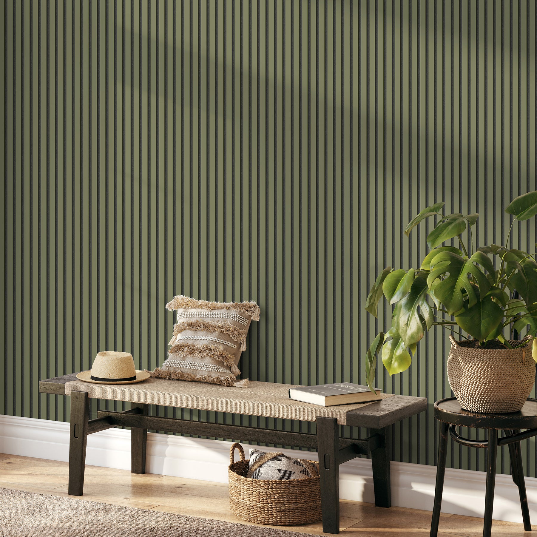 Fine Decor Reggie Olive Vertical Slats Wallpaper, 20.5-in by 33-ft