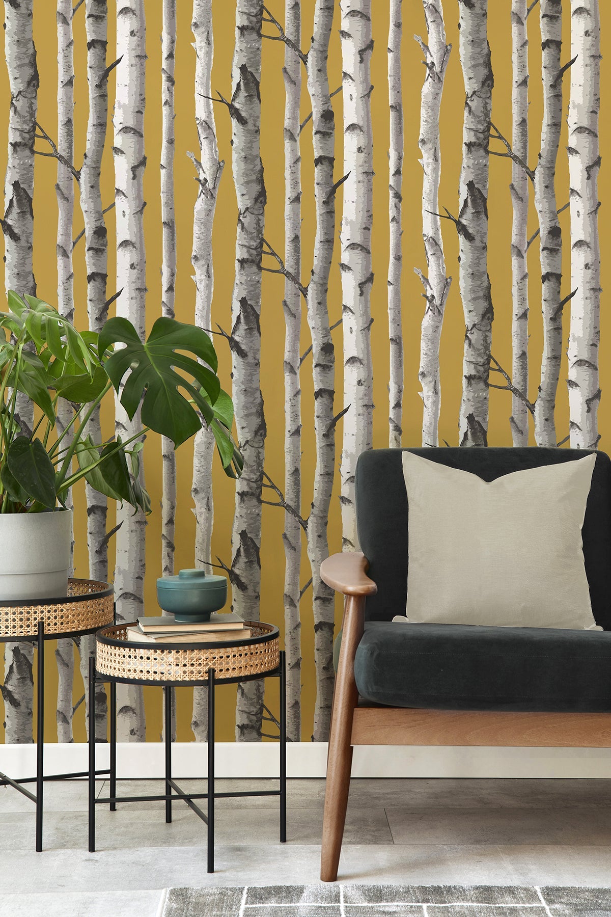 Fine Decor Chester Mustard Birch Trees Wallpaper, 20.5-in by 33-ft