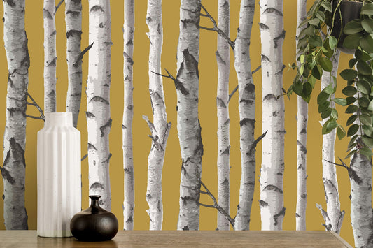 Fine Decor Chester Mustard Birch Trees Wallpaper, 20.5-in by 33-ft