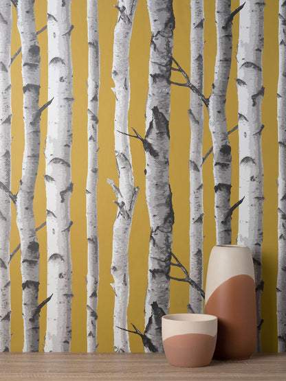 Fine Decor Chester Mustard Birch Trees Wallpaper, 20.5-in by 33-ft