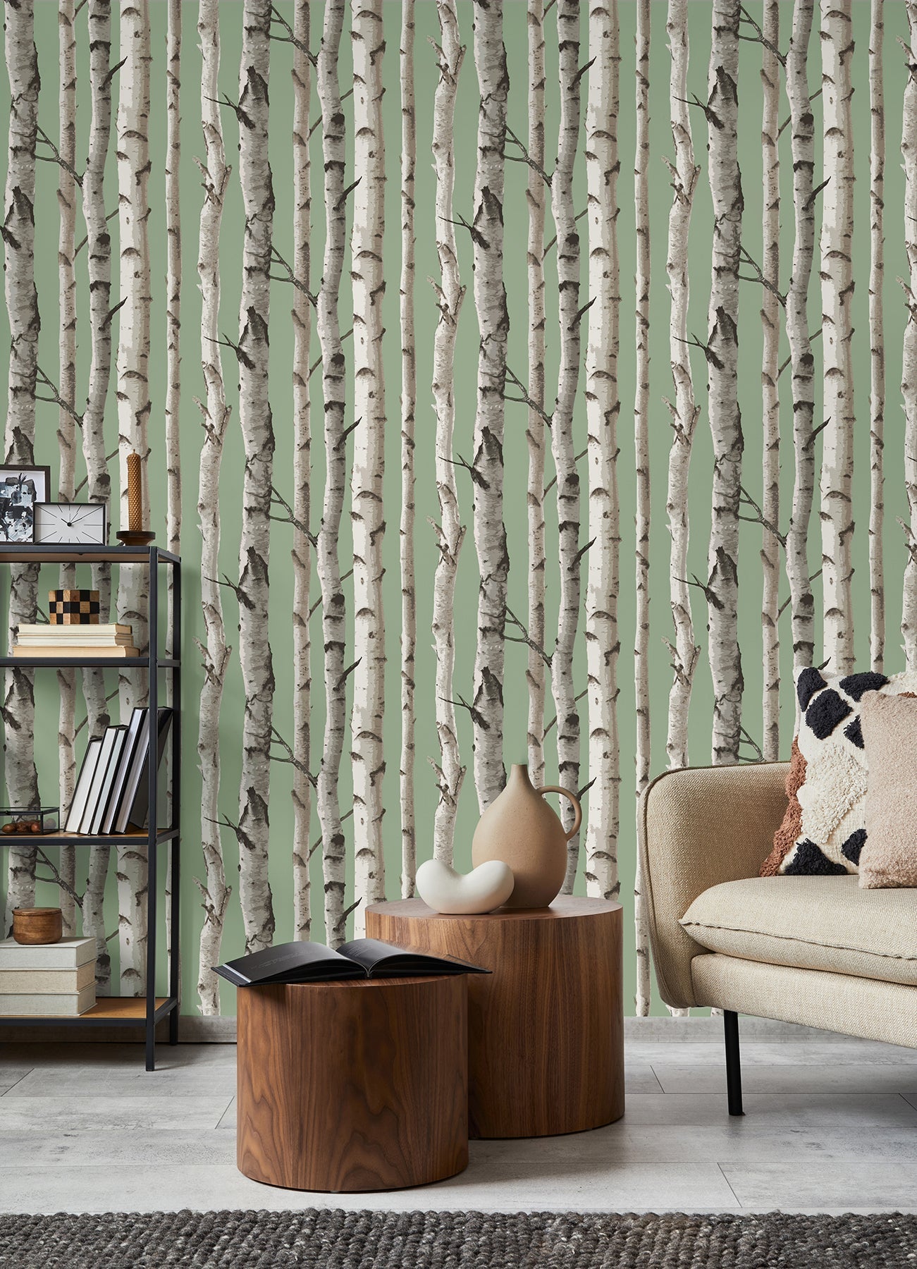 Fine Decor Chester Sage Birch Trees Wallpaper, 20.5-in by 33-ft