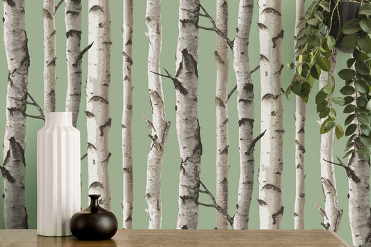 Fine Decor Chester Sage Birch Trees Wallpaper, 20.5-in by 33-ft