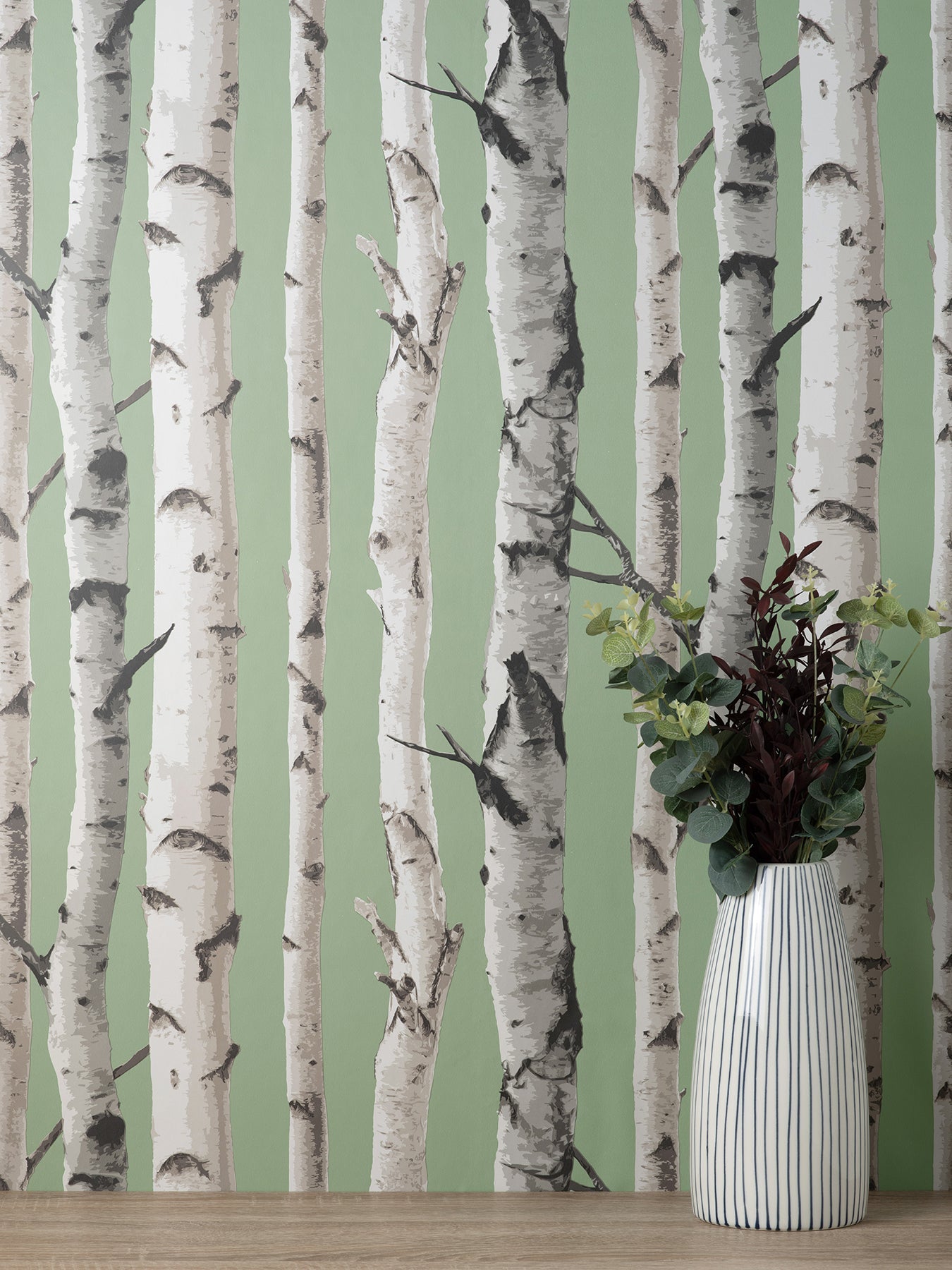 Fine Decor Chester Sage Birch Trees Wallpaper, 20.5-in by 33-ft