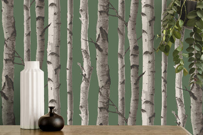 Fine Decor Chester Dark Green Birch Trees Wallpaper, 20.5-in by 33-ft