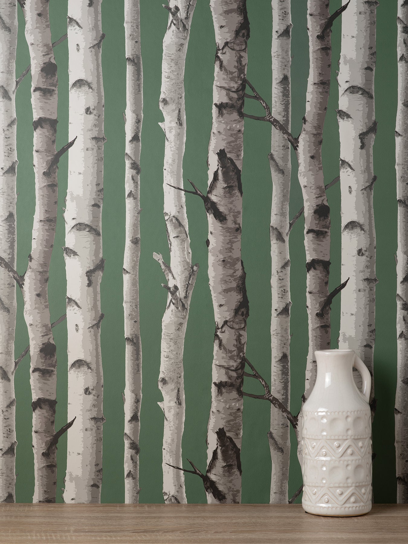 Fine Decor Chester Dark Green Birch Trees Wallpaper, 20.5-in by 33-ft