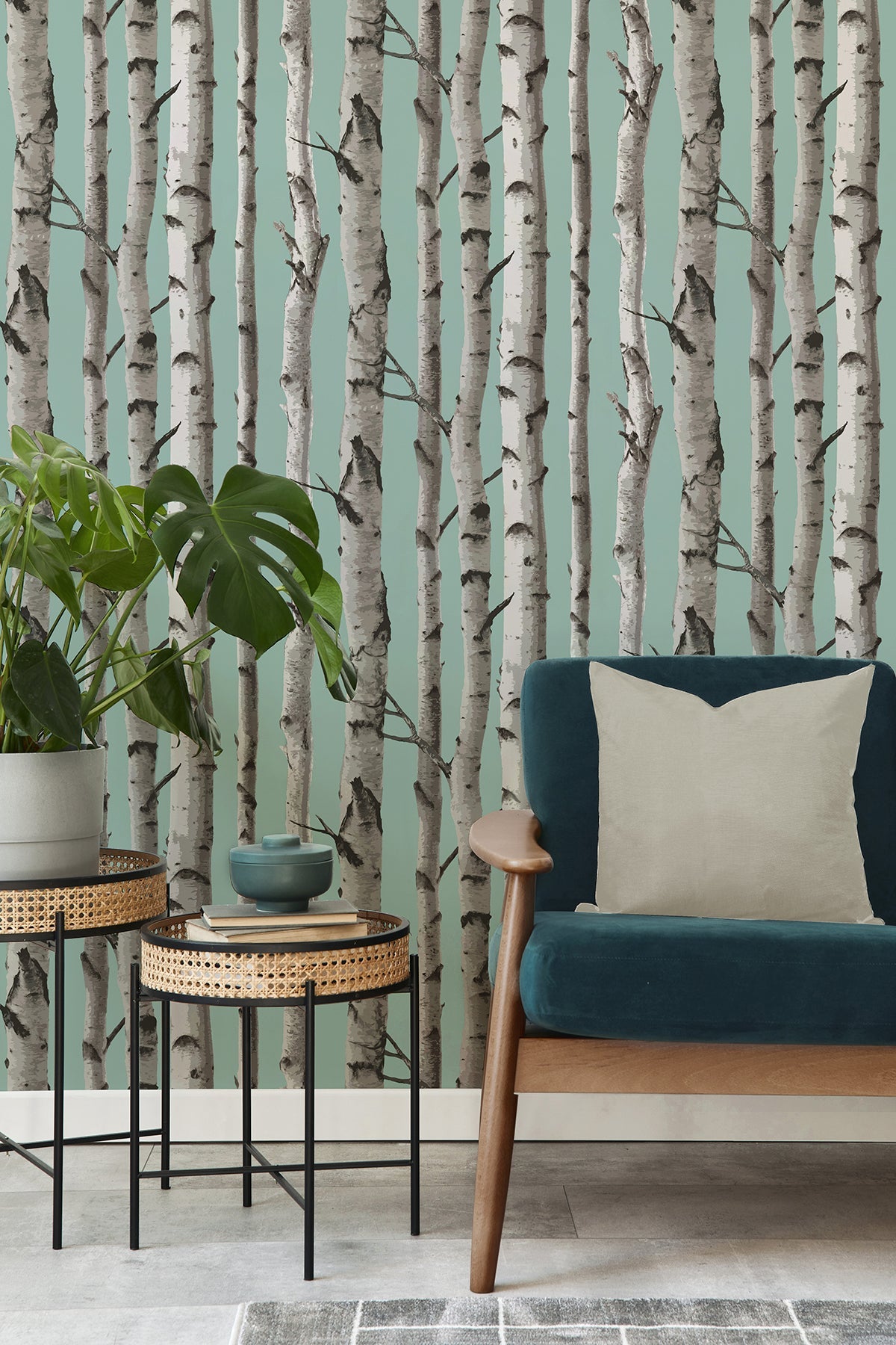 Fine Decor Chester Aqua Birch Trees Wallpaper, 20.5-in by 33-ft