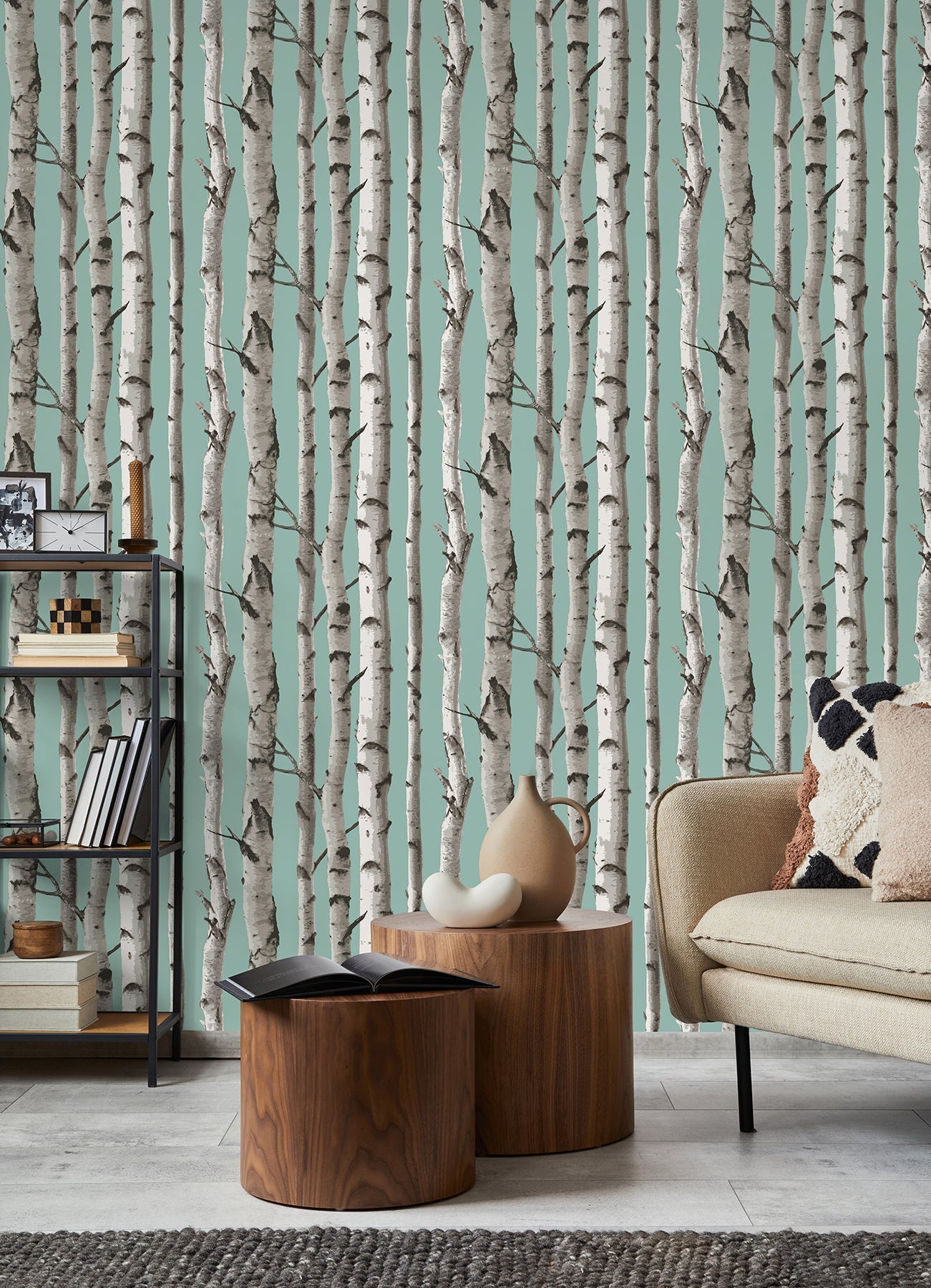 Fine Decor Chester Aqua Birch Trees Wallpaper, 20.5-in by 33-ft