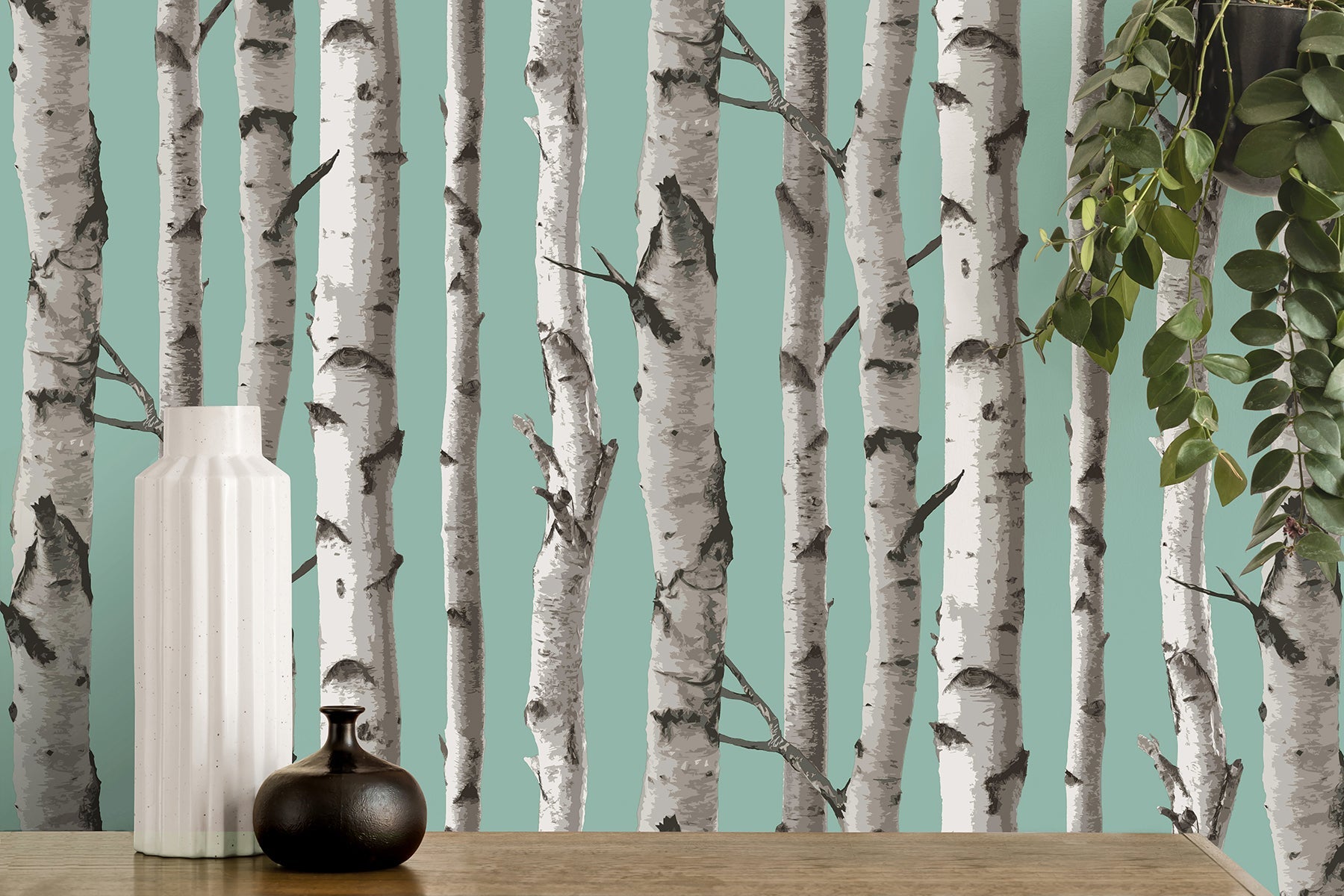 Fine Decor Chester Aqua Birch Trees Wallpaper, 20.5-in by 33-ft