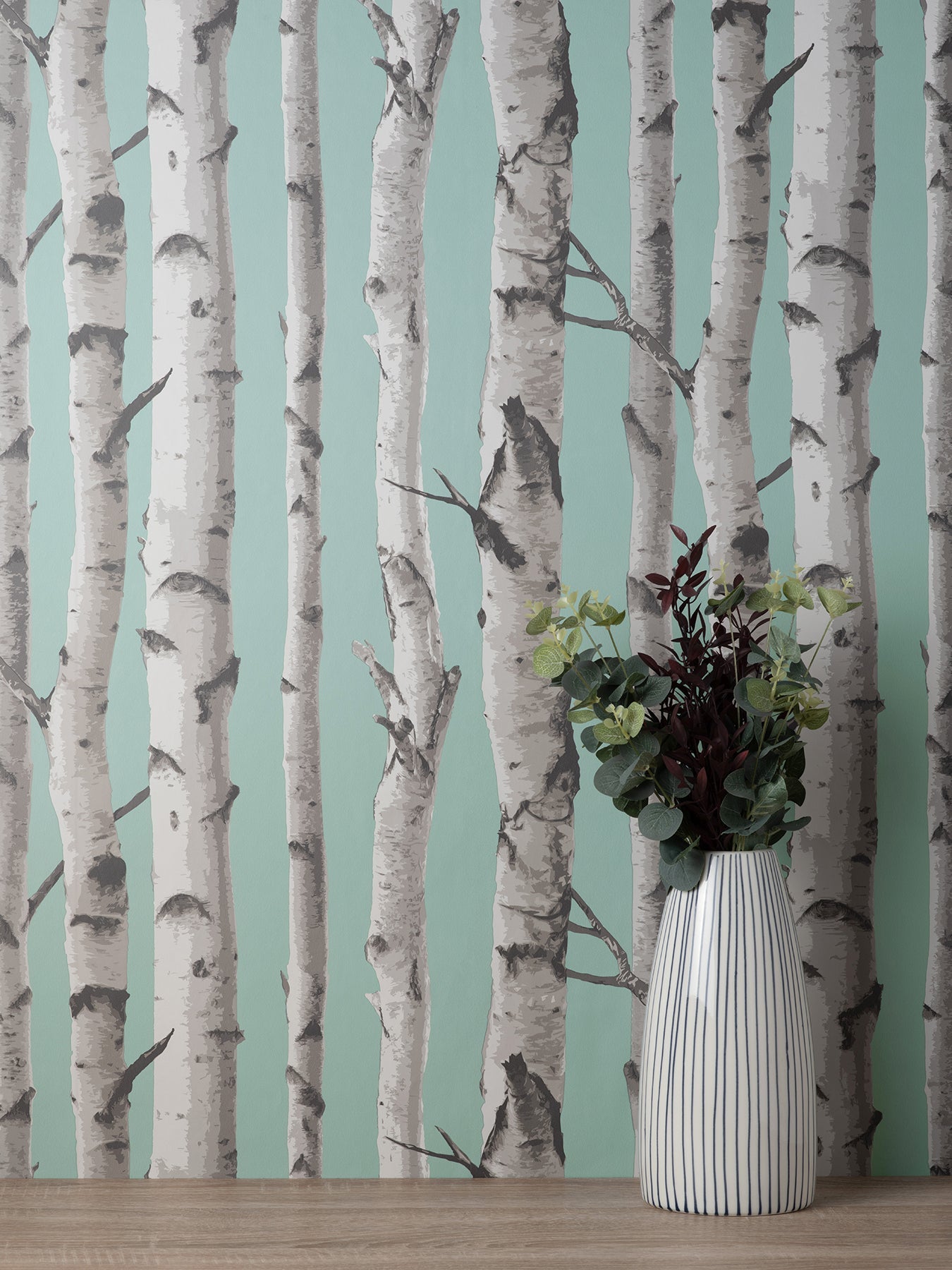 Fine Decor Chester Aqua Birch Trees Wallpaper, 20.5-in by 33-ft