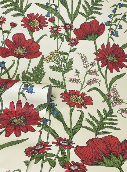 Fine Decor Arden Red Wild Meadow Wallpaper, 20.5-in by 33-ft