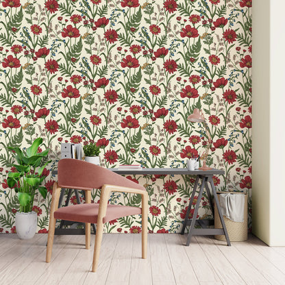 Fine Decor Arden Red Wild Meadow Wallpaper, 20.5-in by 33-ft