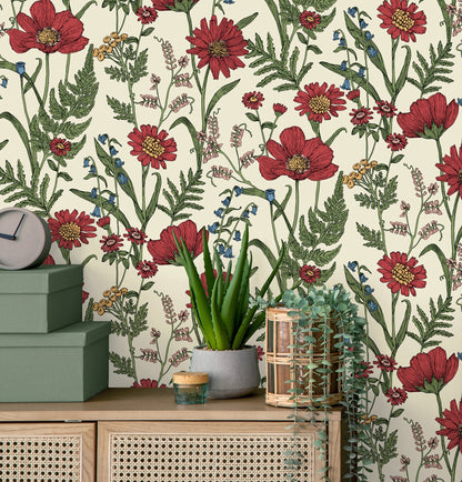 Fine Decor Arden Red Wild Meadow Wallpaper, 20.5-in by 33-ft