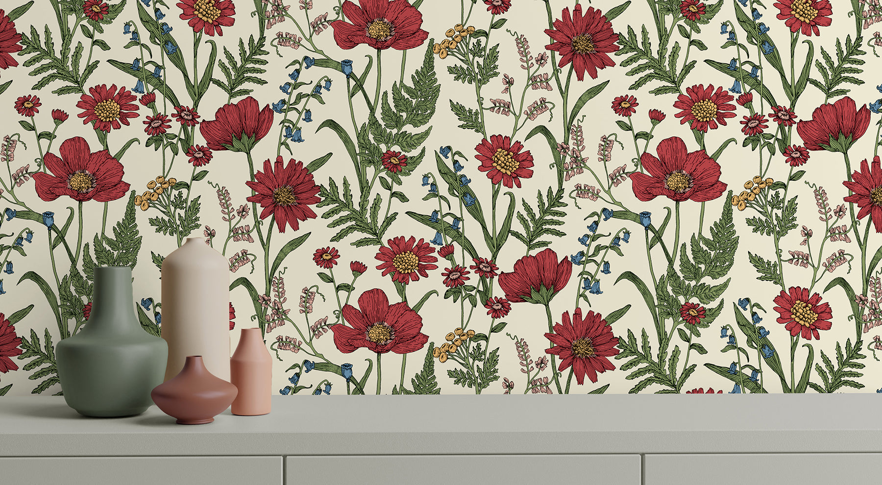 Fine Decor Arden Red Wild Meadow Wallpaper, 20.5-in by 33-ft