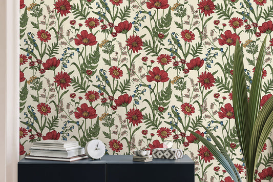 Fine Decor Arden Red Wild Meadow Wallpaper, 20.5-in by 33-ft