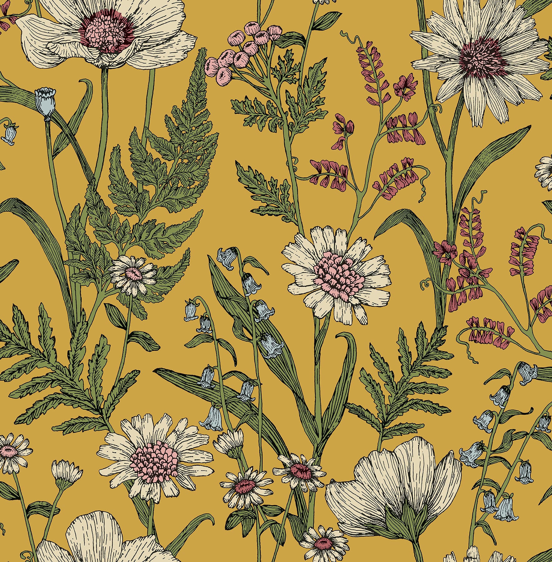 Fine Decor Arden Mustard Wild Meadow Wallpaper, 20.5-in by 33-ft