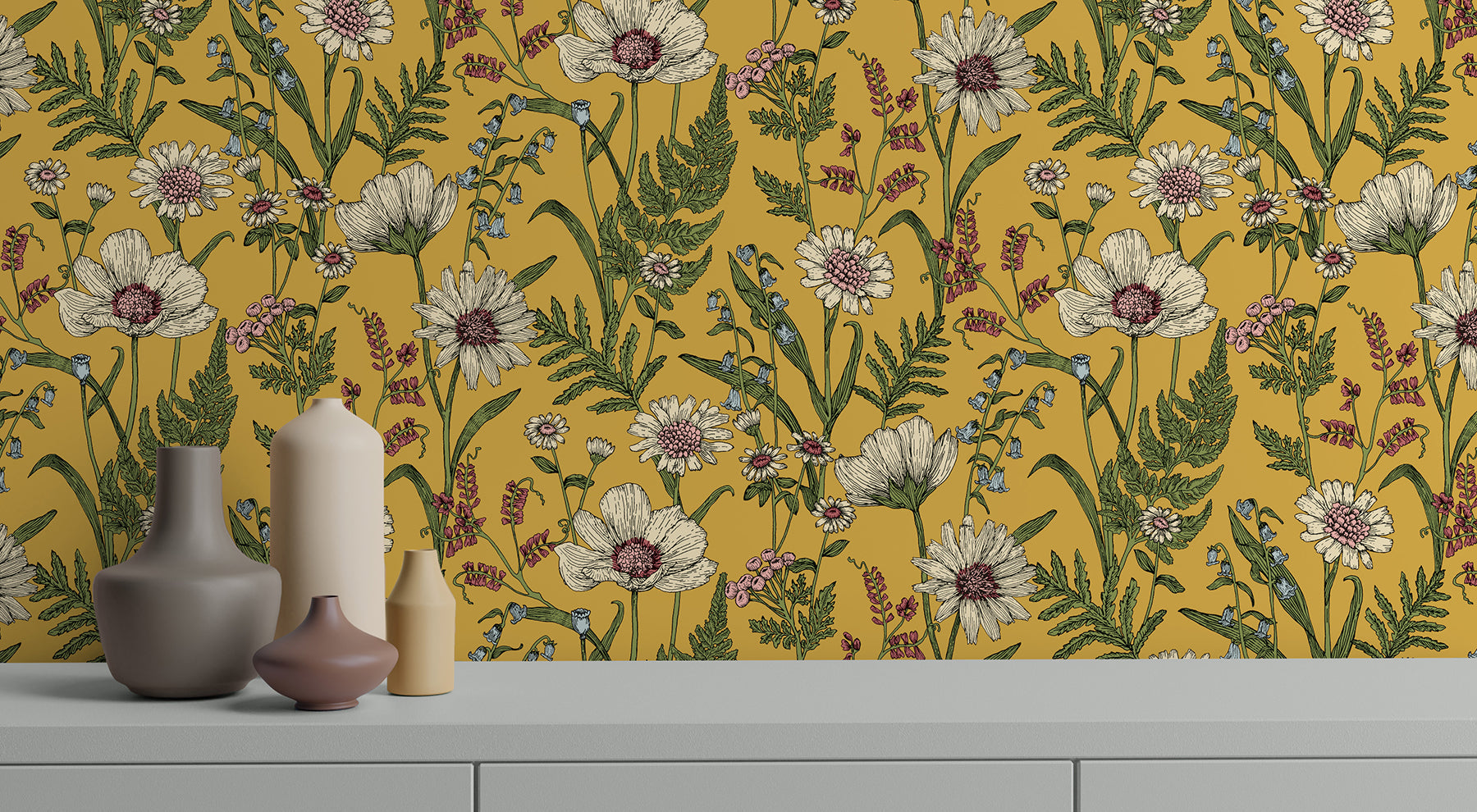 Fine Decor Arden Mustard Wild Meadow Wallpaper, 20.5-in by 33-ft