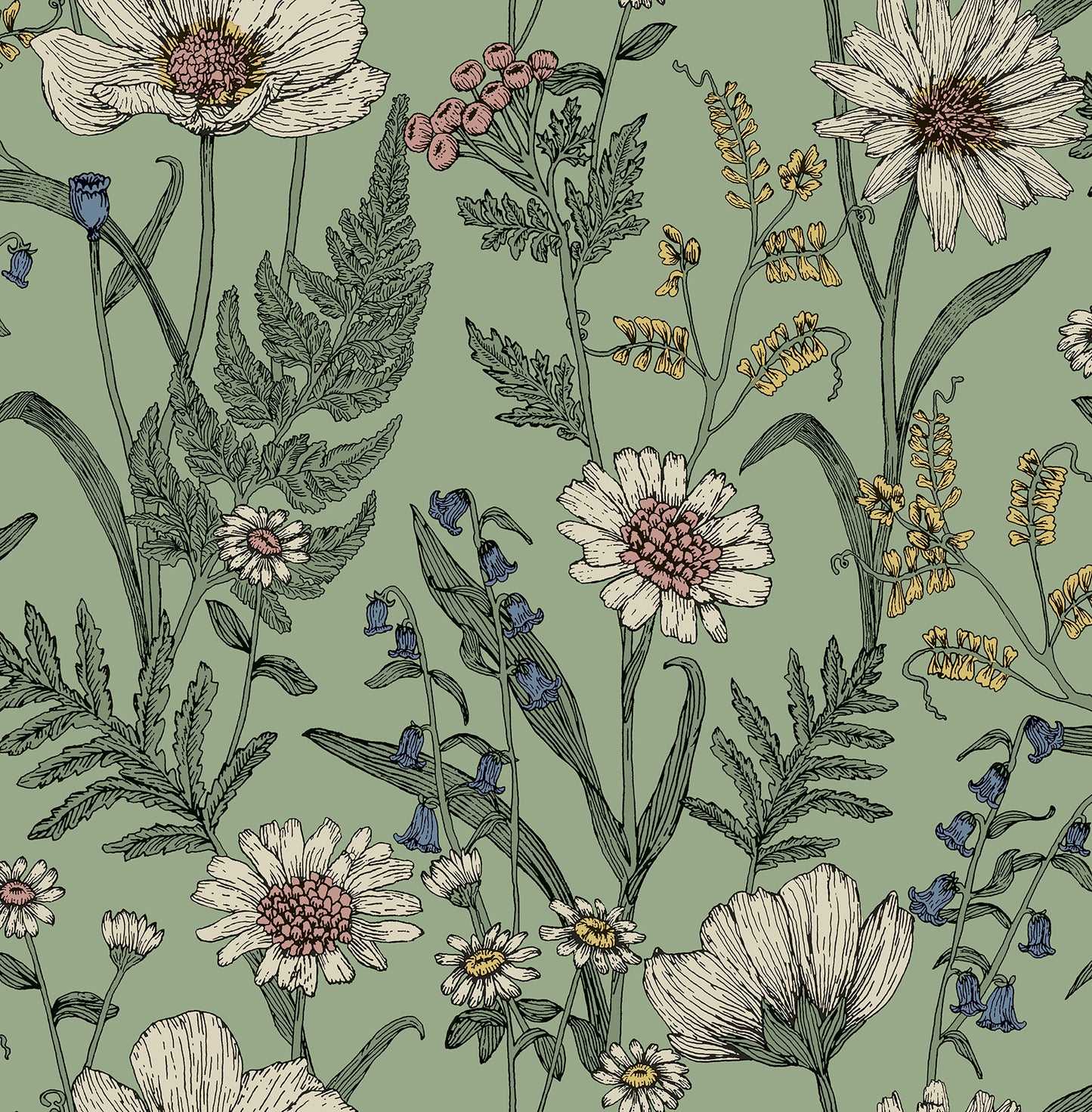 Fine Decor Arden Sage Wild Meadow Wallpaper, 20.5-in by 33-ft