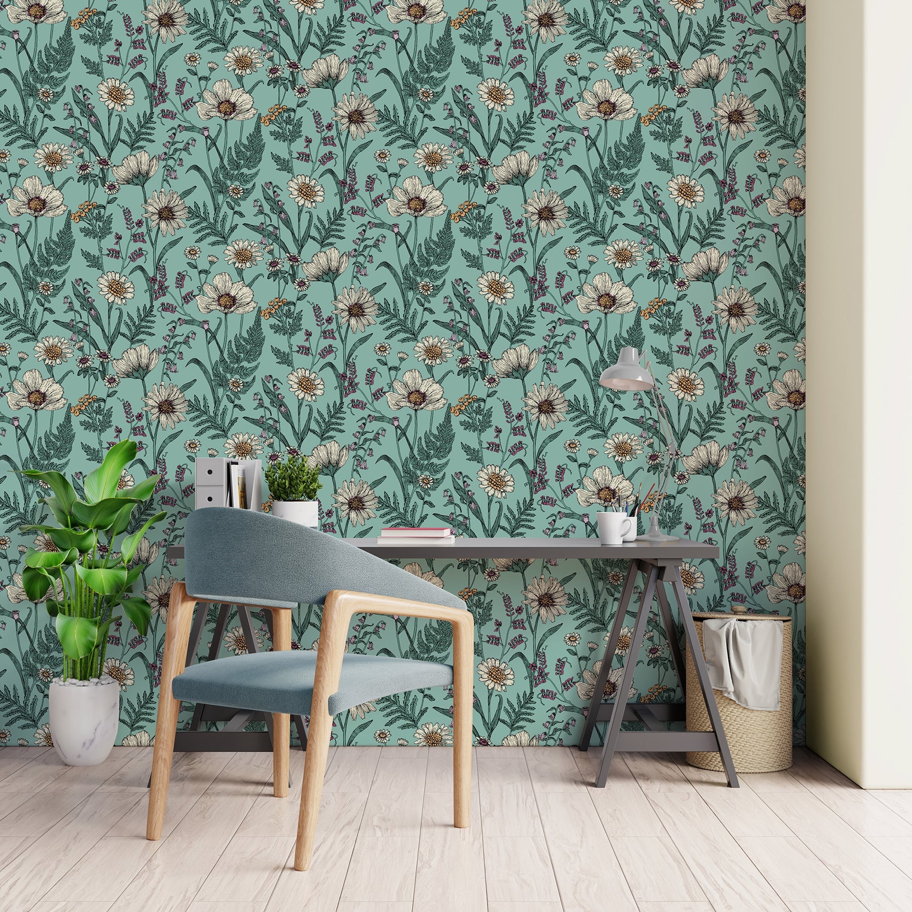 Fine Decor Arden Blue Wild Meadow Wallpaper, 20.5-in by 33-ft