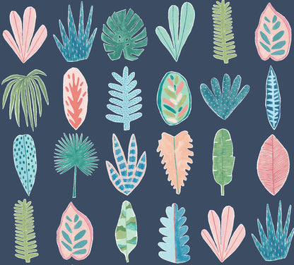 ohpopsi Leaf Boogie Denim Tropical Mix Wallpaper, 19.7-in by 33-ft