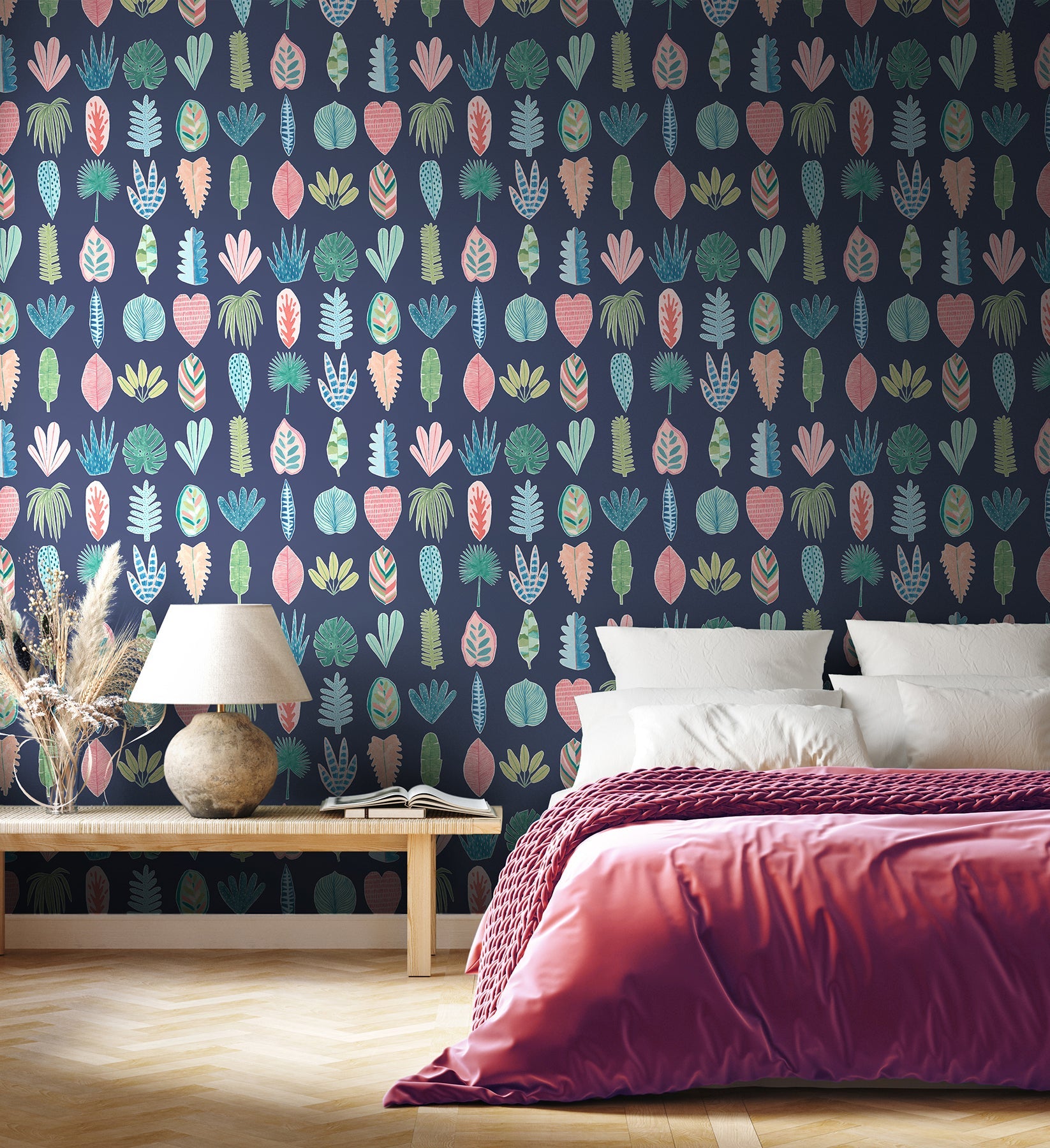 ohpopsi Leaf Boogie Denim Tropical Mix Wallpaper, 19.7-in by 33-ft