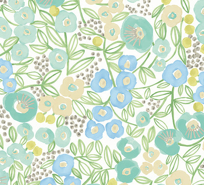 ohpopsi Flora Teal Garden Wallpaper, 19.7-in by 33-ft