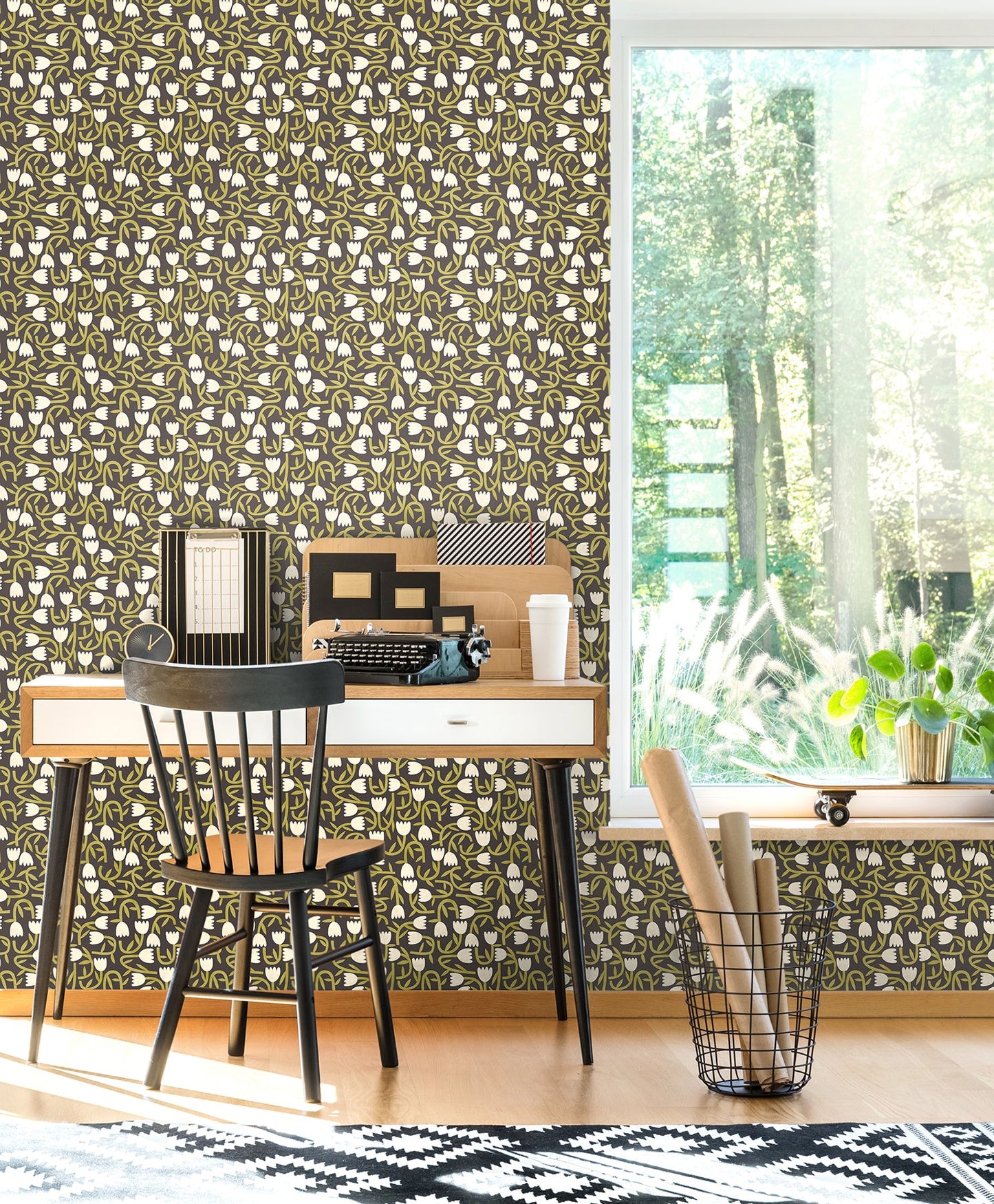 ohpopsi Aino Black Tiny Tulip Wallpaper, 19.7-in by 33-ft