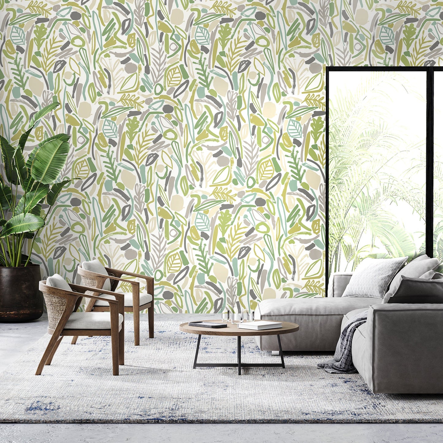 ohpopsi Verdure Lime Painted Botanical Wallpaper, 19.7-in by 33-ft