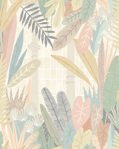 ohpopsi Glasshouse Pastel Tropical Damask Wallpaper, 19.7-in by 33-ft