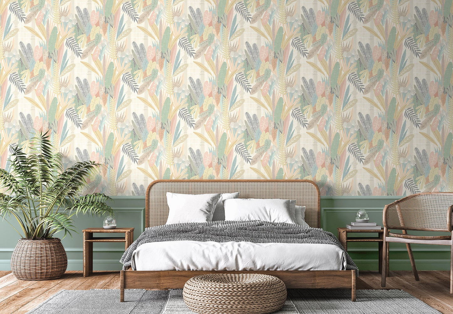 ohpopsi Glasshouse Pastel Tropical Damask Wallpaper, 19.7-in by 33-ft