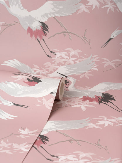 Fine Decor Saura Pink Cranes Wallpaper, 20.5-in by 33-ft