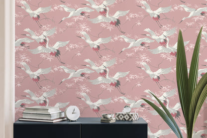 Fine Decor Saura Pink Cranes Wallpaper, 20.5-in by 33-ft