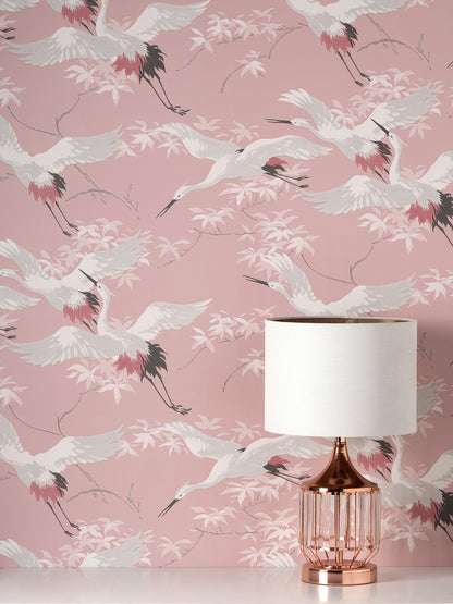 Fine Decor Saura Pink Cranes Wallpaper, 20.5-in by 33-ft