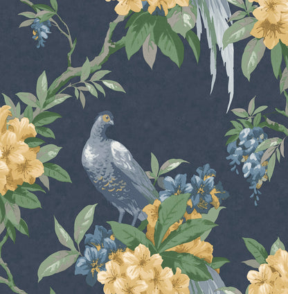 Brewster Golden Pheasant Dark Blue Floral Wallpaper, 20.5-in by 33-ft