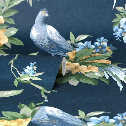 Brewster Golden Pheasant Dark Blue Floral Wallpaper, 20.5-in by 33-ft