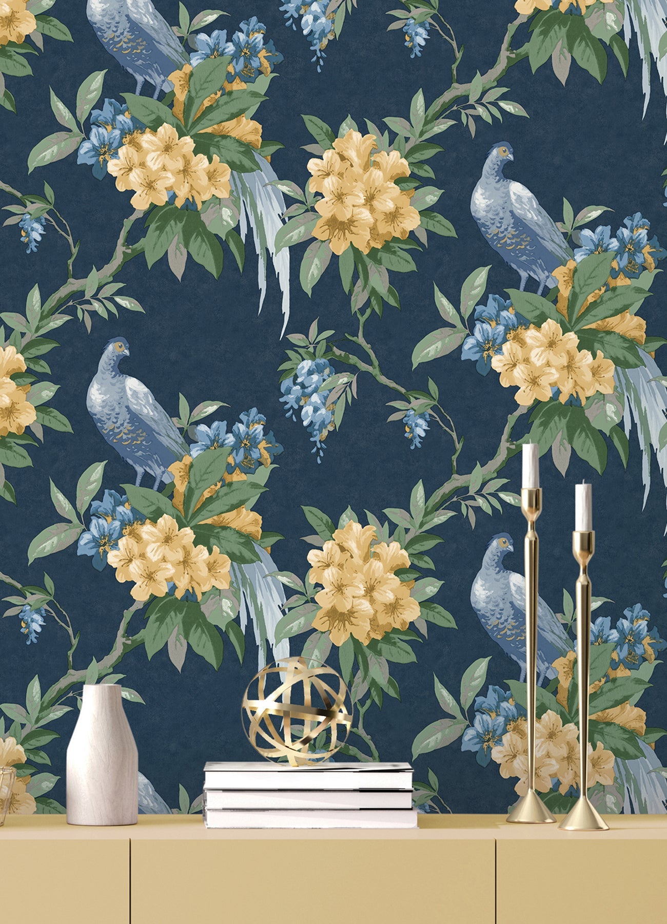 Brewster Golden Pheasant Dark Blue Floral Wallpaper, 20.5-in by 33-ft