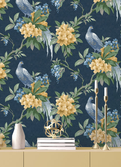 Brewster Golden Pheasant Dark Blue Floral Wallpaper, 20.5-in by 33-ft