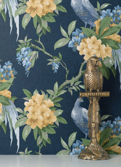 Brewster Golden Pheasant Dark Blue Floral Wallpaper, 20.5-in by 33-ft