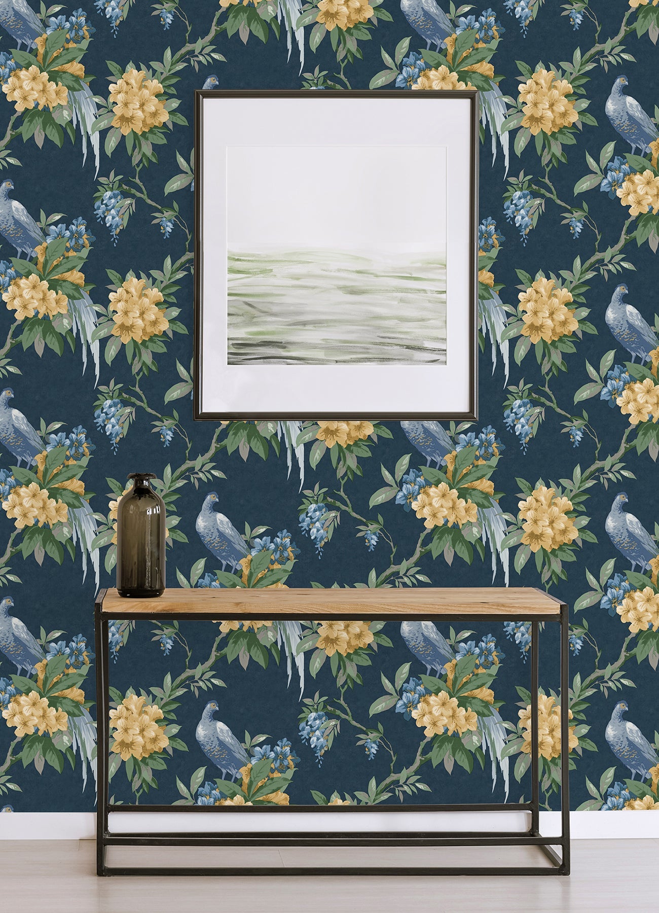 Brewster Golden Pheasant Dark Blue Floral Wallpaper, 20.5-in by 33-ft