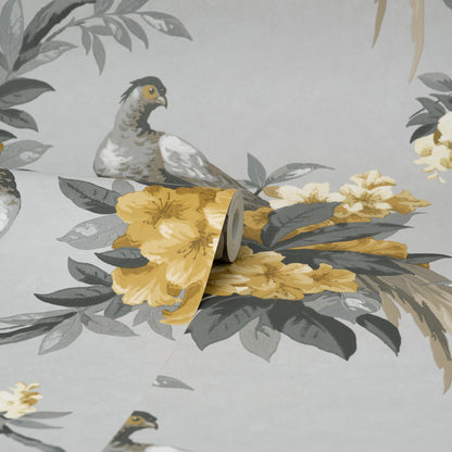 Brewster Golden Pheasant Grey Floral Wallpaper, 20.5-in by 33-ft