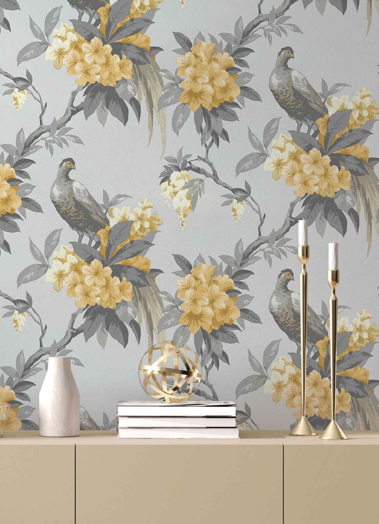 Brewster Golden Pheasant Grey Floral Wallpaper, 20.5-in by 33-ft