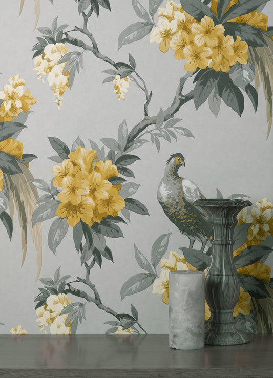 Brewster Golden Pheasant Grey Floral Wallpaper, 20.5-in by 33-ft