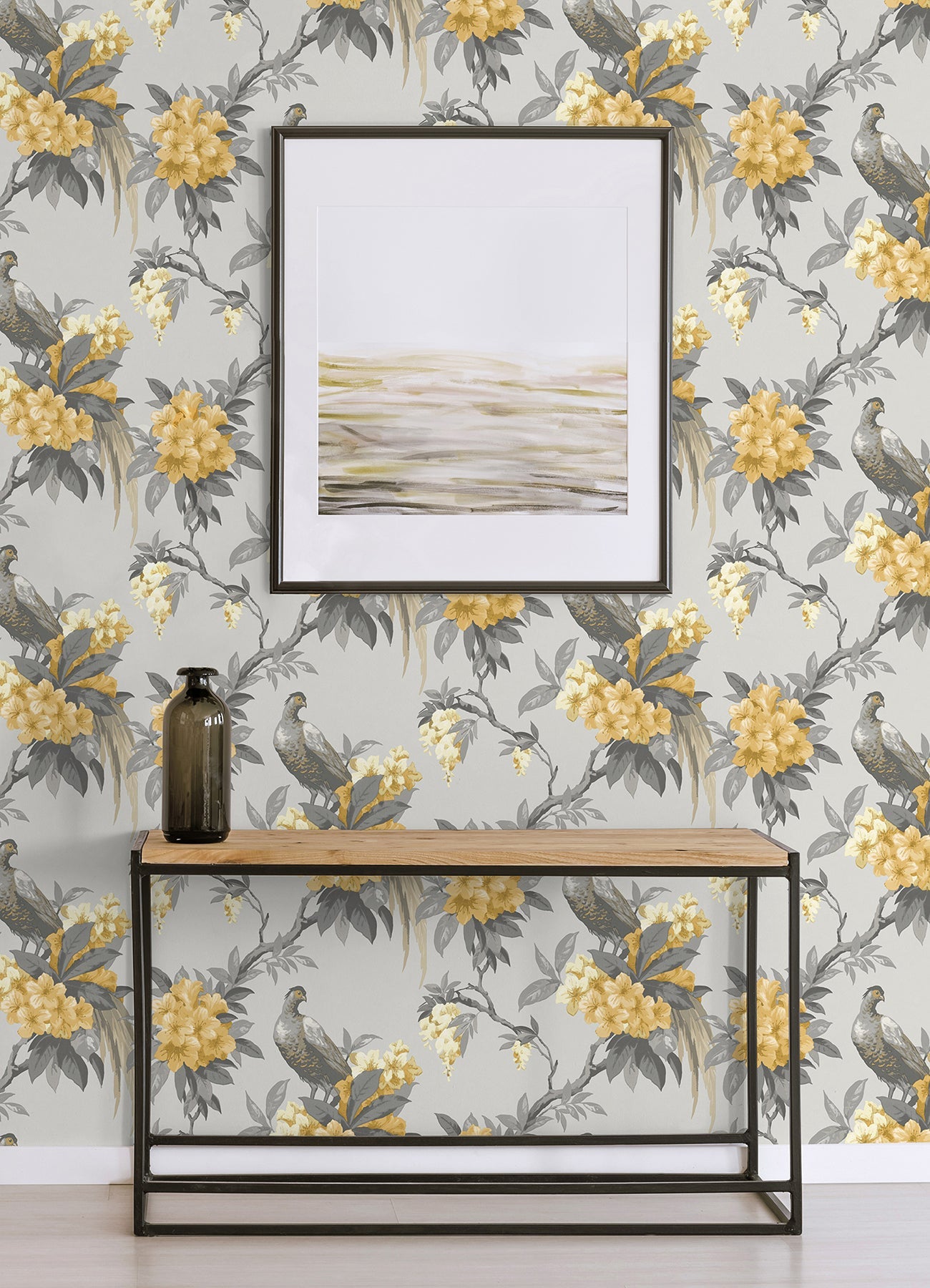 Brewster Golden Pheasant Grey Floral Wallpaper, 20.5-in by 33-ft