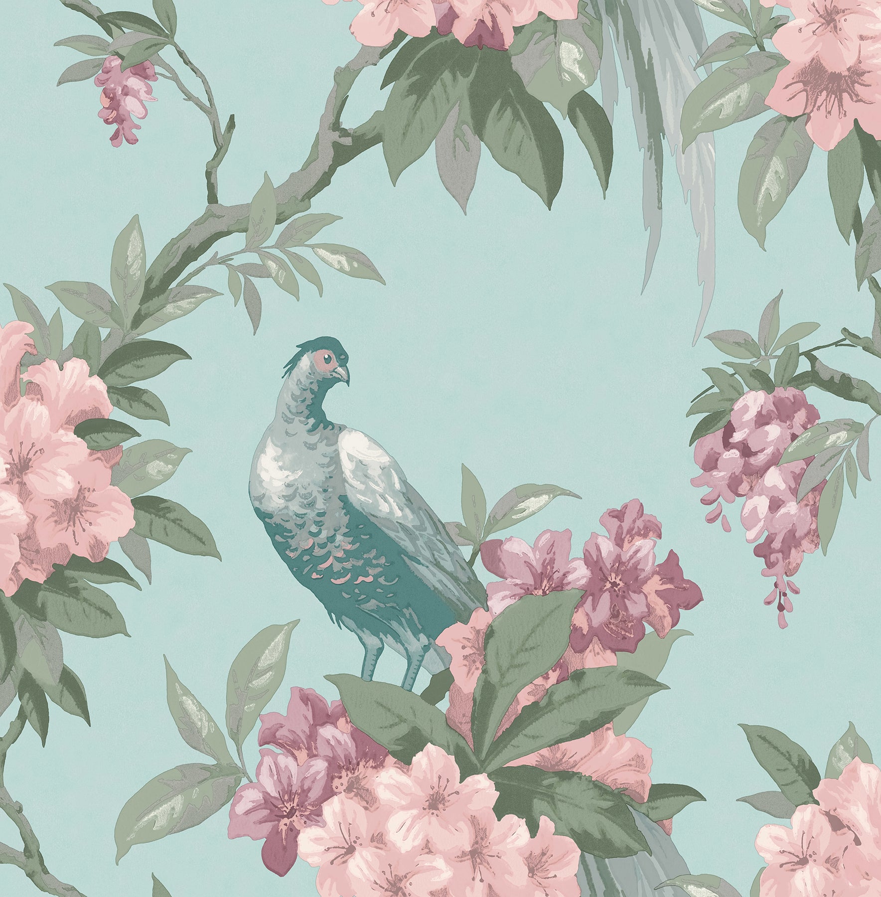 Brewster Golden Pheasant Aqua Floral Wallpaper, 20.5-in by 33-ft