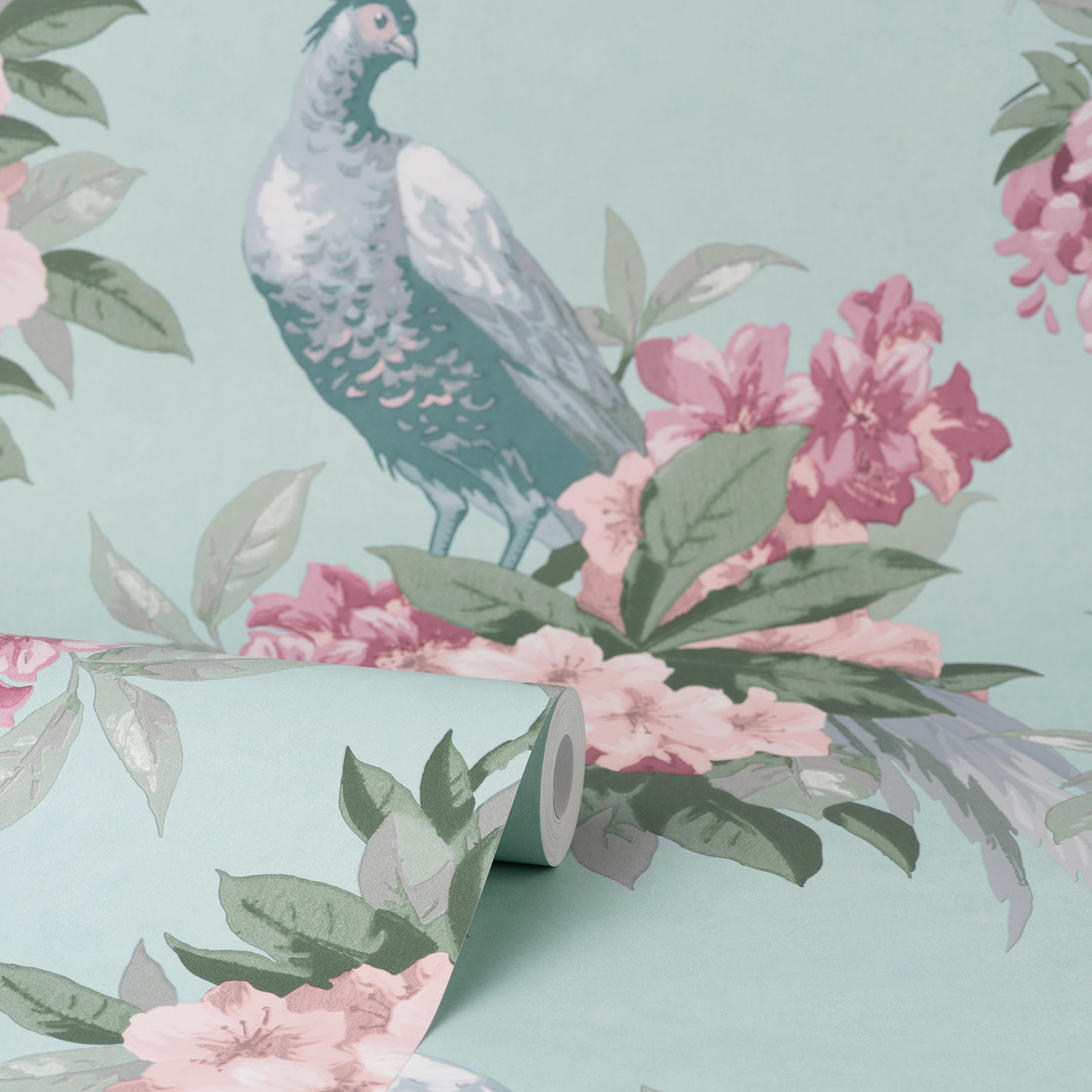 Brewster Golden Pheasant Aqua Floral Wallpaper, 20.5-in by 33-ft