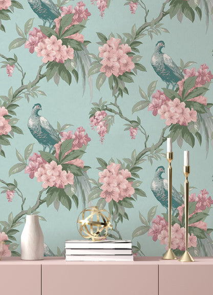 Brewster Golden Pheasant Aqua Floral Wallpaper, 20.5-in by 33-ft