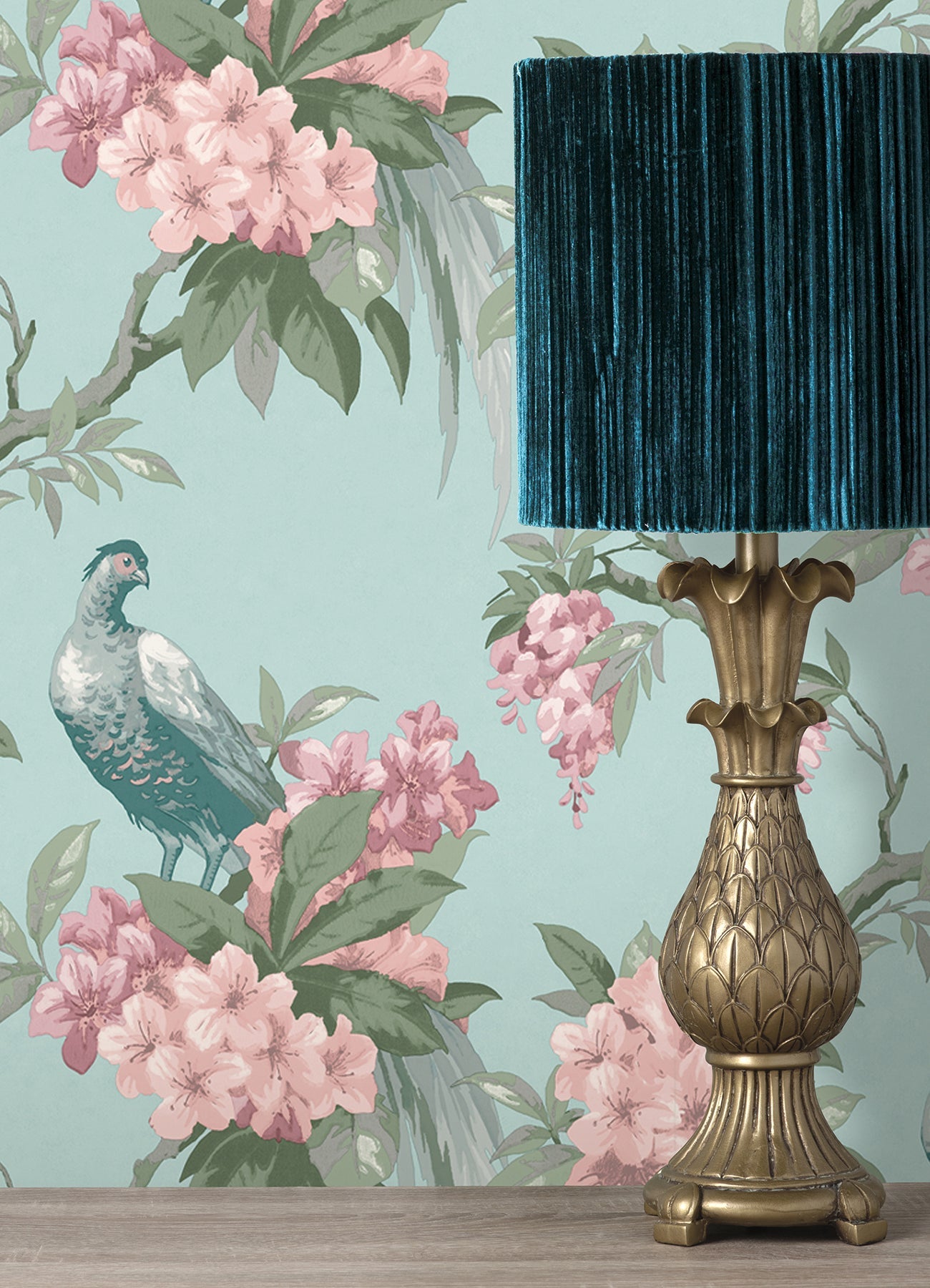 Brewster Golden Pheasant Aqua Floral Wallpaper, 20.5-in by 33-ft