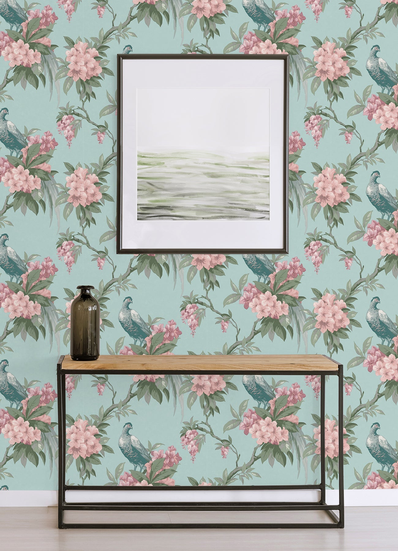 Brewster Golden Pheasant Aqua Floral Wallpaper, 20.5-in by 33-ft