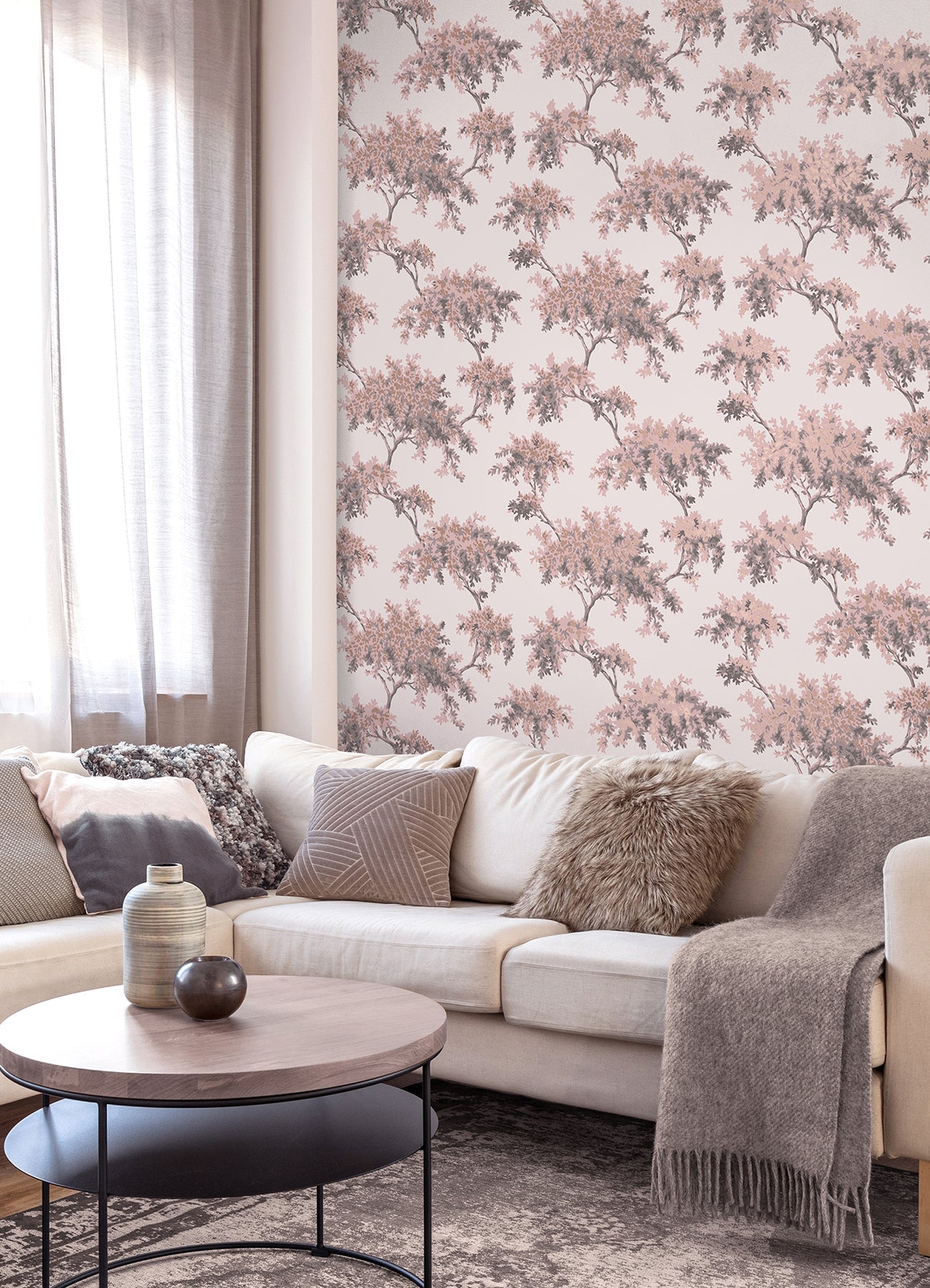 Brewster Ashdown Pink Tree Wallpaper, 20.5-in by 33-ft