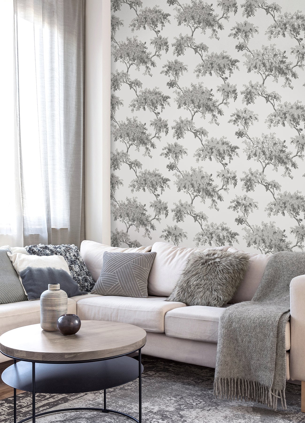 Brewster Ashdown Grey Tree Wallpaper, 20.5-in by 33-ft